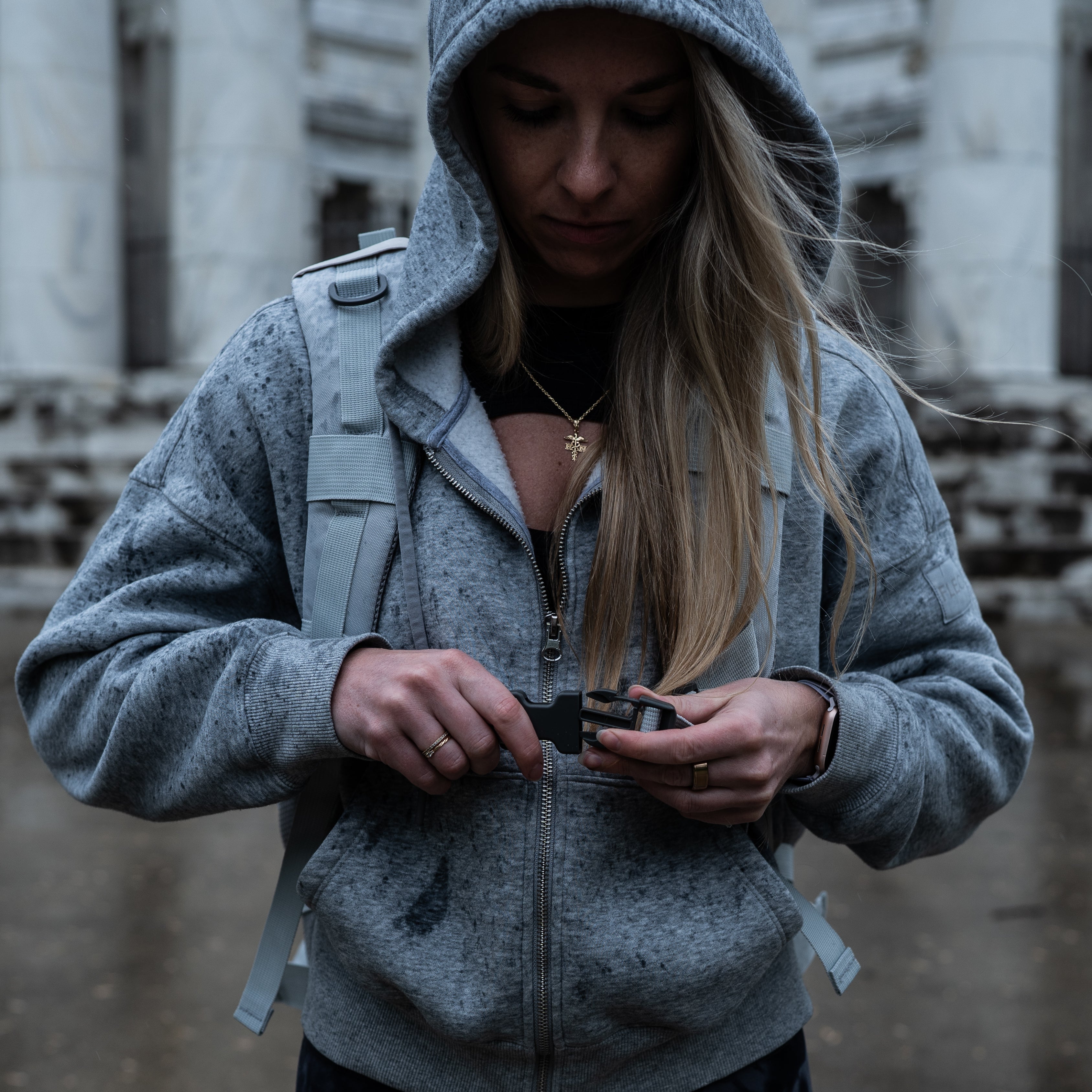 45L Gray Backpack with Cup Holders featuring durable clips.
