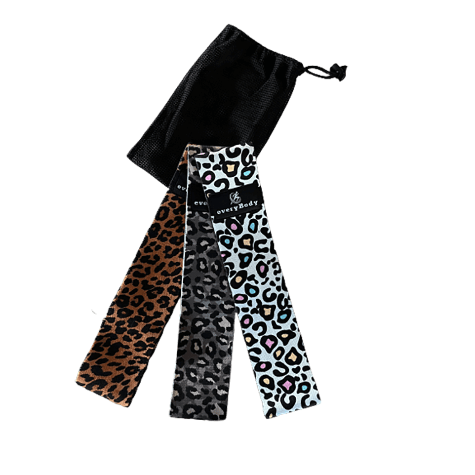 leopard print glute resistance bands set with carrying bag