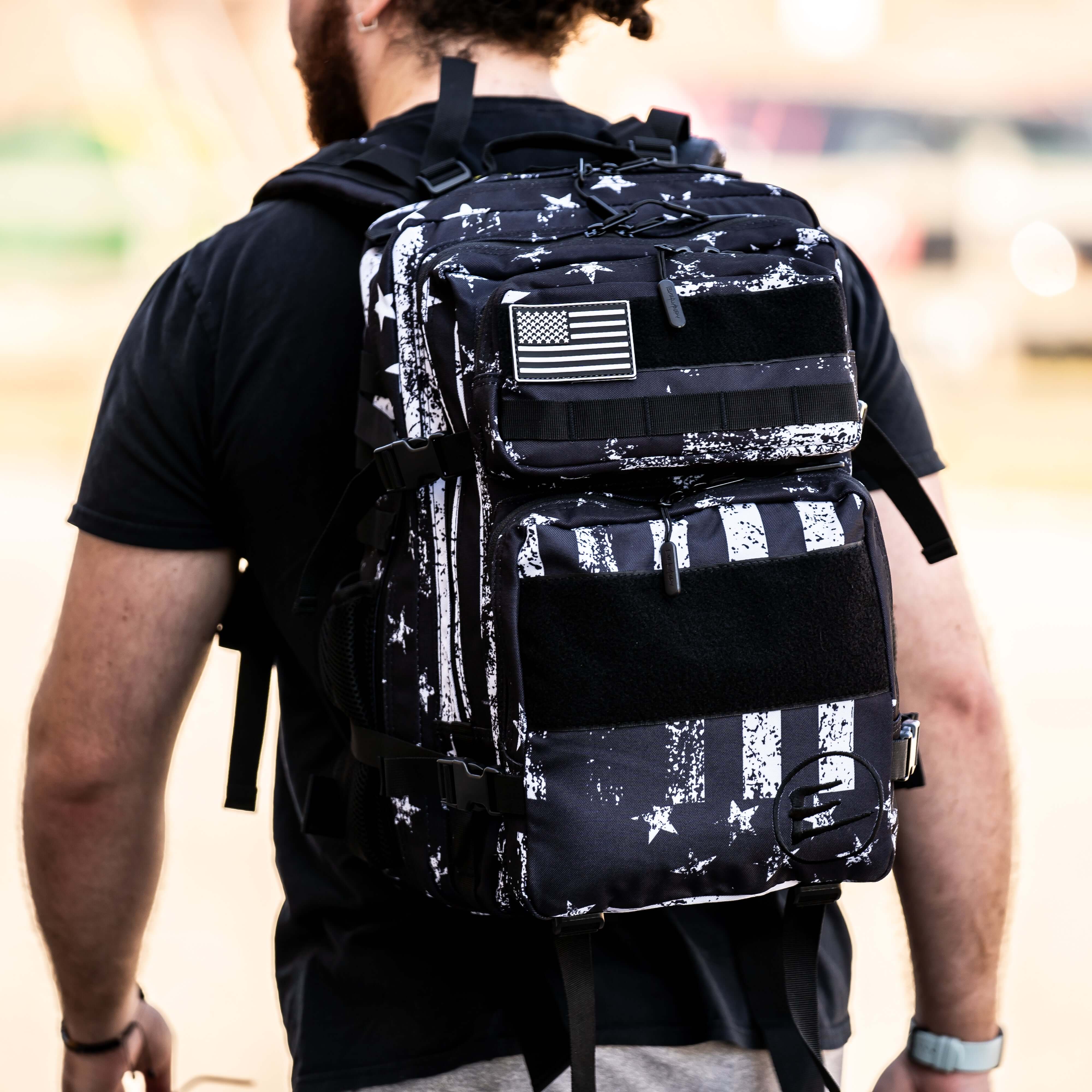 45L Black American Flag Backpack with Cup Holders