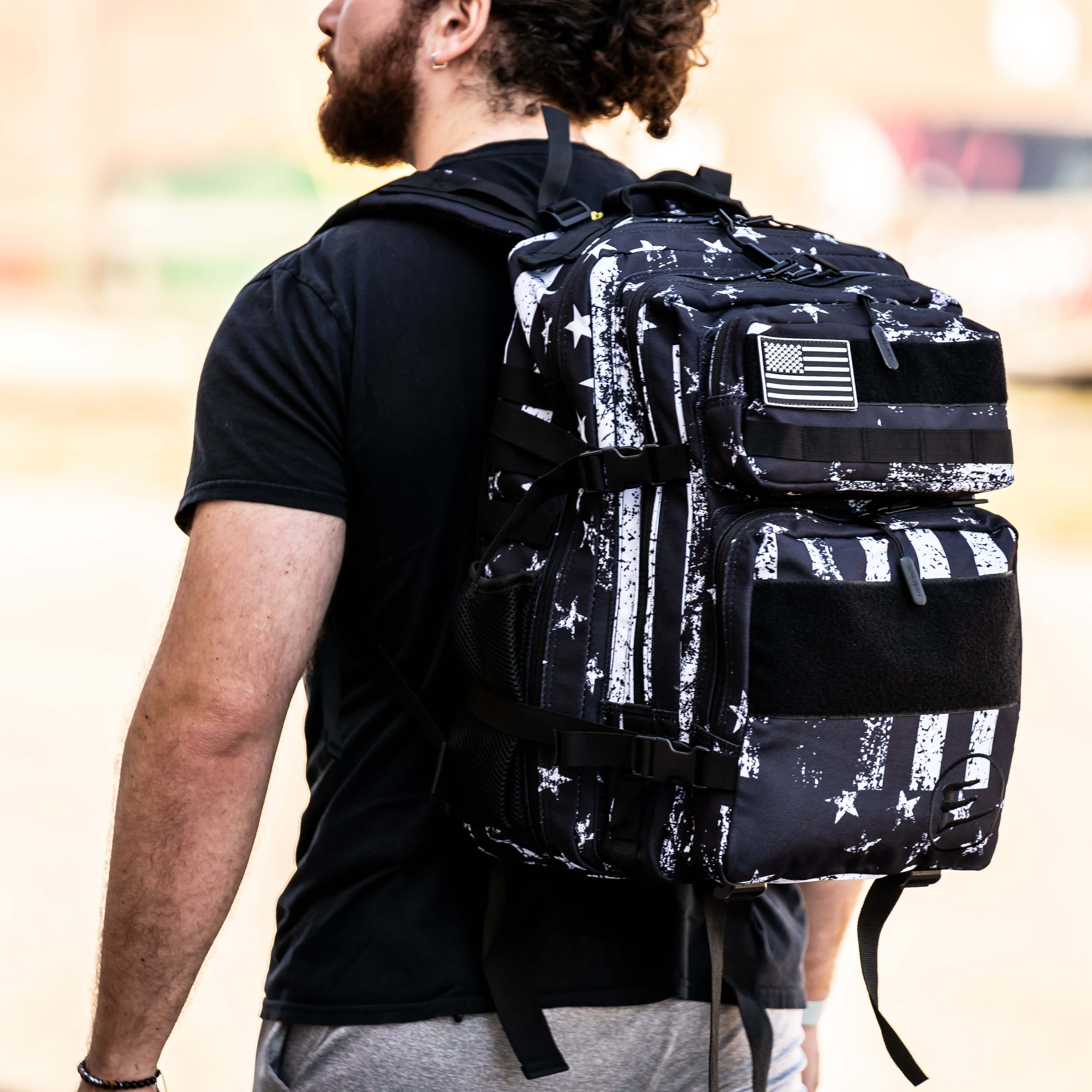 45L Black American Flag Backpack with Cup Holders