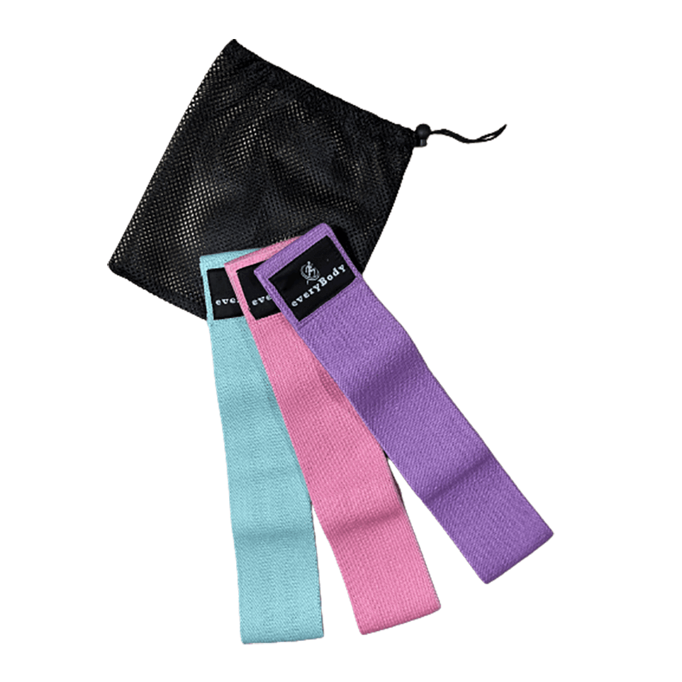 pink purple teal set of three resistance bands set with carrying bag