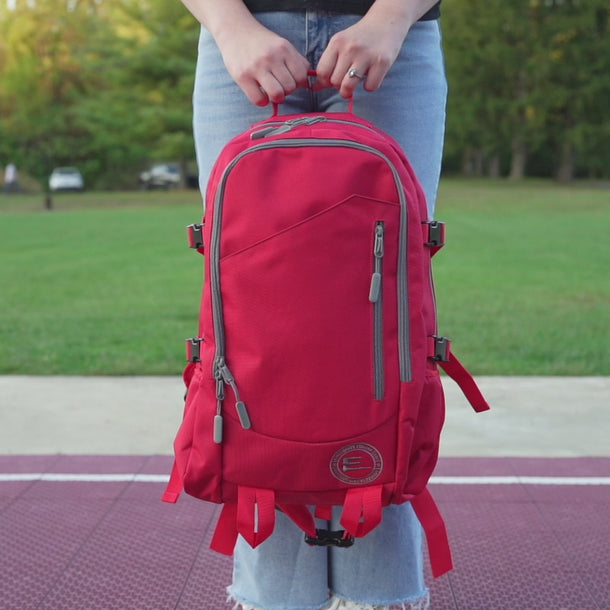 30L Red Backpack with Cup Holders made for school kids.